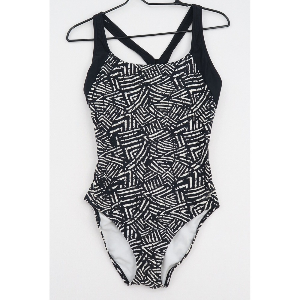 Speedo‎ Womens One Piece Swimsuit Black White Geometric Racerback Size 10